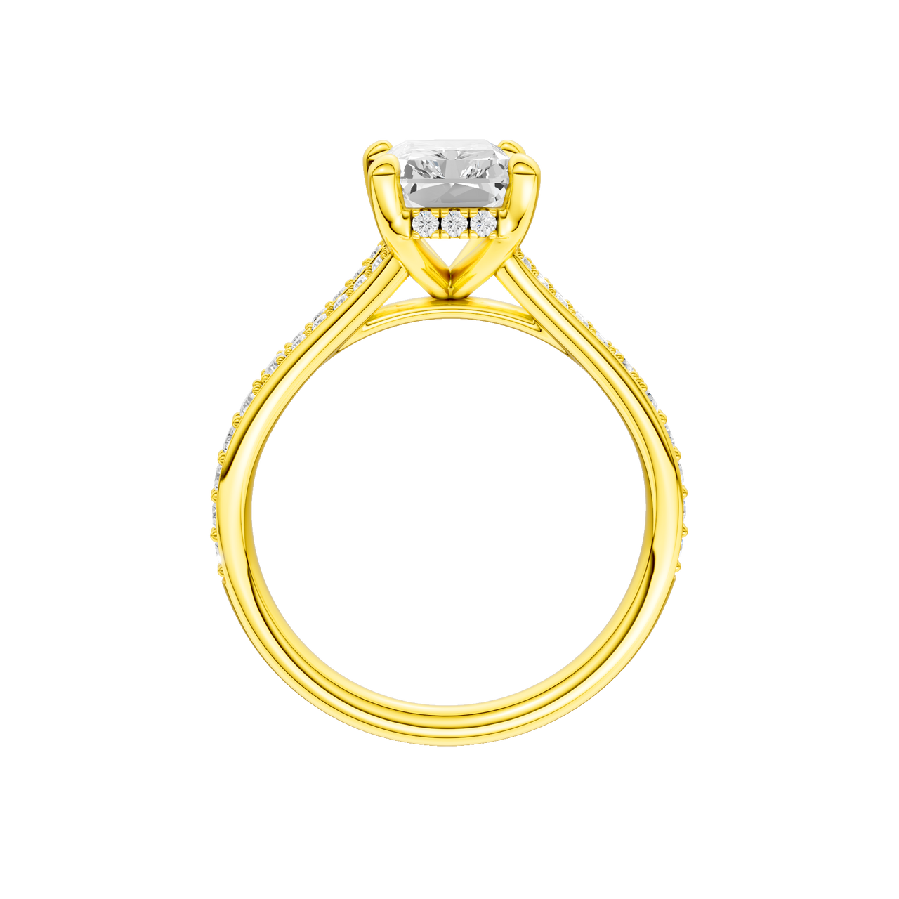 A profile view of the Radiant cut diamond engagement ring in 14k white gold with a diamond channel band and split setting