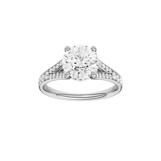 A front view of the Round cut diamond engagement ring in platinum gold with a channel band and hidden halo setting