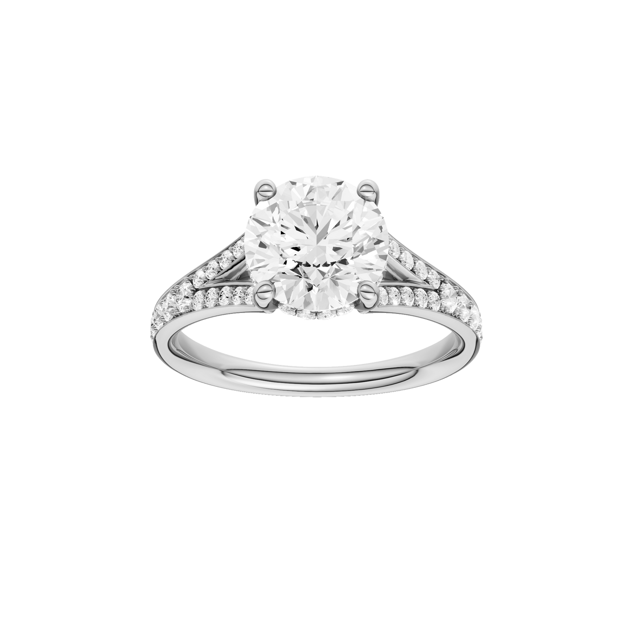 A front view of the Round cut diamond engagement ring in platinum gold with a channel band and hidden halo setting