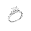 A three-quarter view of the Round cut diamond engagement ring in platinum gold with a channel band and hidden halo setting