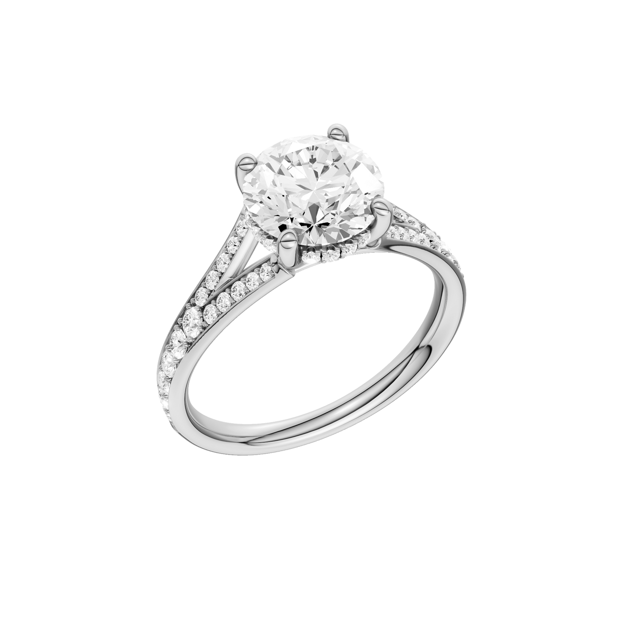 A three-quarter view of the Round cut diamond engagement ring in platinum gold with a channel band and hidden halo setting