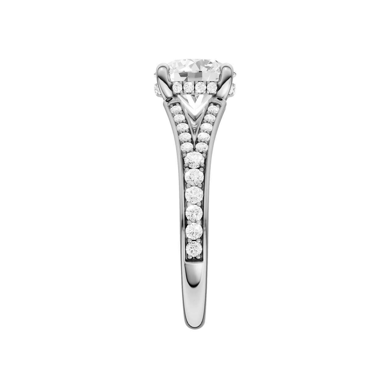 A side view of the Round cut diamond engagement ring in platinum gold with a channel band and hidden halo setting