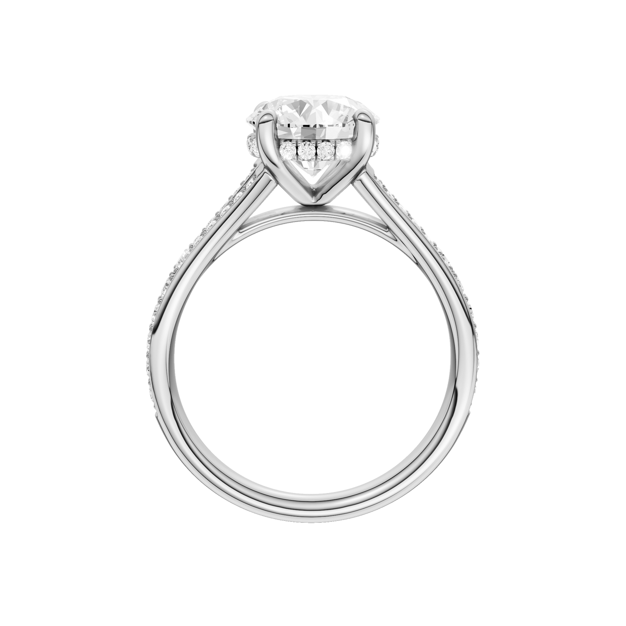 A profile view of the Round cut diamond engagement ring in 14k white gold with a channel band and hidden halo setting