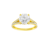 A front view of the Round cut diamond engagement ring in 14k yellow gold with a channel band and hidden halo setting