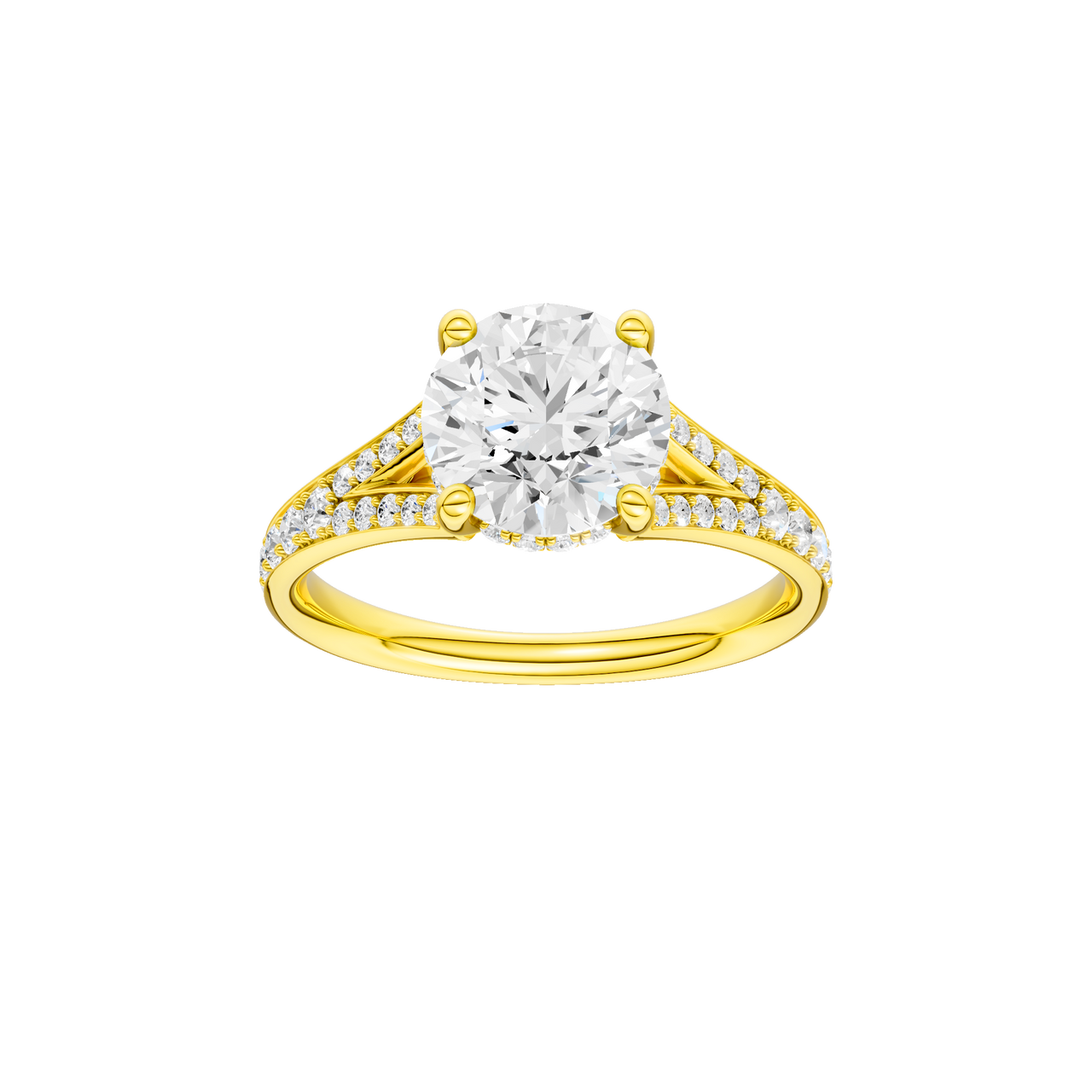 A front view of the Round cut diamond engagement ring in 14k yellow gold with a channel band and hidden halo setting