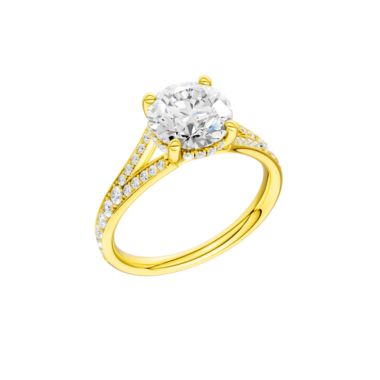 A three-quarter view of the Round cut diamond engagement ring in 14k yellow gold with a channel band and hidden halo setting