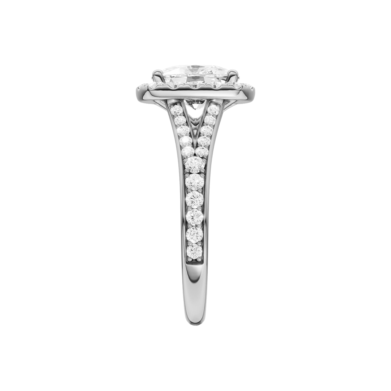 A side view of the Elongated cushion cut diamond engagement ring in platinum with a diamond channel band and split setting