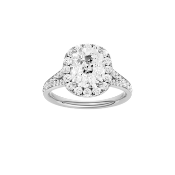 A front view of the Elongated cushion cut diamond engagement ring in 14k white gold with a diamond channel band and split setting