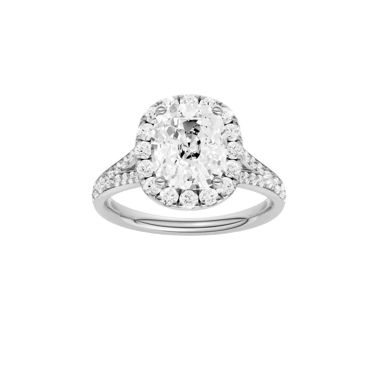 A front view of the Elongated cushion cut diamond engagement ring in platinum with a diamond channel band and split setting