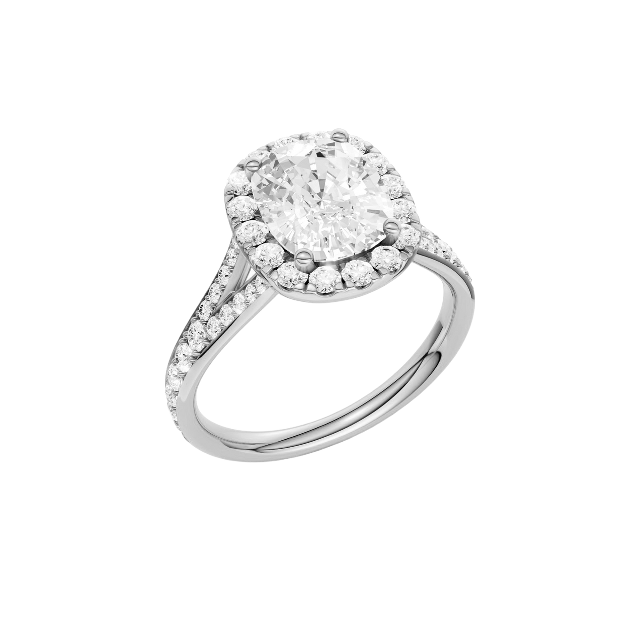 A three-quarter view of the Elongated cushion cut diamond engagement ring in 14k white gold with a diamond channel band and split setting