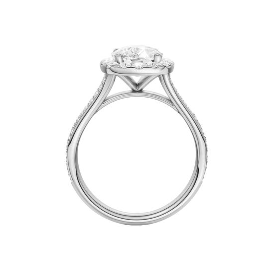 A profile view of the Elongated cushion cut diamond engagement ring in platinum with a diamond channel band and split setting