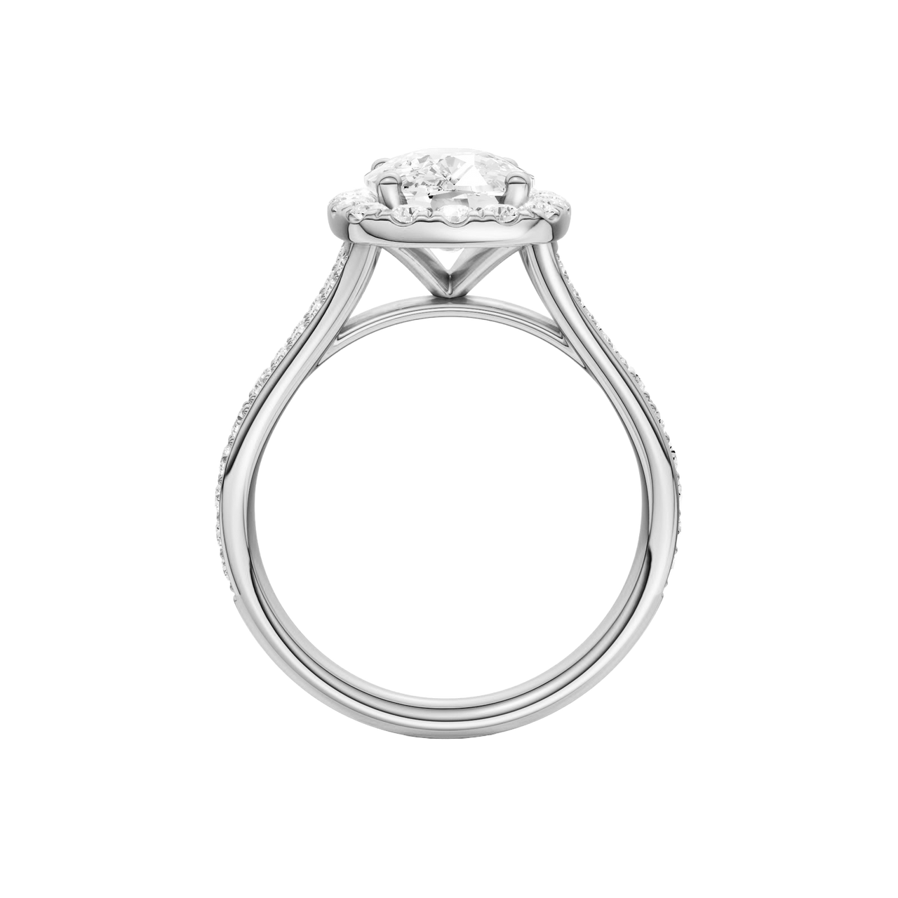 A profile view of the Elongated cushion cut diamond engagement ring in platinum with a diamond channel band and split setting