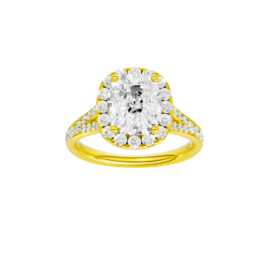 A front view of the Elongated cushion cut diamond engagement ring in 14k yellow gold with a diamond channel band and split setting