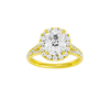 A front view of the Elongated cushion cut diamond engagement ring in 14k yellow gold with a diamond channel band and split setting