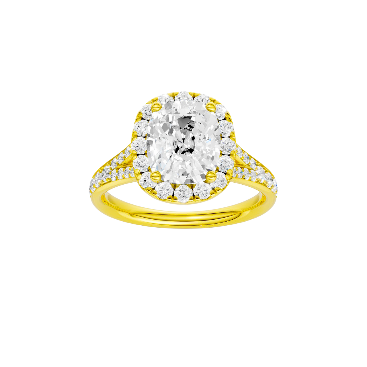 A front view of the Elongated cushion cut diamond engagement ring in 14k yellow gold with a diamond channel band and split setting