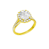 A three-quarter view of the Elongated cushion cut diamond engagement ring in 14k yellow gold with a diamond channel band and split setting