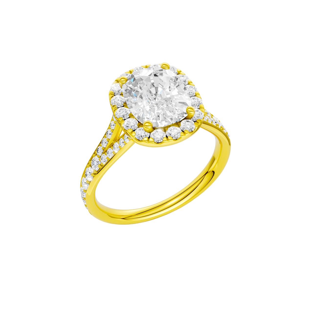 A three-quarter view of the Elongated cushion cut diamond engagement ring in 14k yellow gold with a diamond channel band and split setting