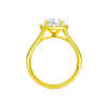 A profile view of the Elongated cushion cut diamond engagement ring in 14k yellow gold with a diamond channel band and split setting