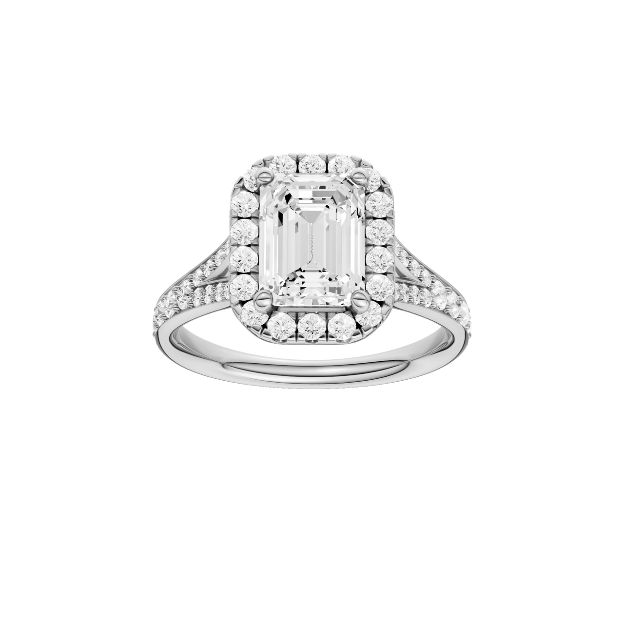A front view of the Emerald cut diamond engagement ring in platinum with a diamond channel band and split setting