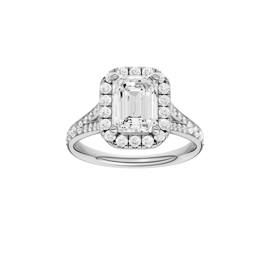 A front view of the Emerald cut diamond engagement ring in 14k white gold with a diamond channel band and split setting