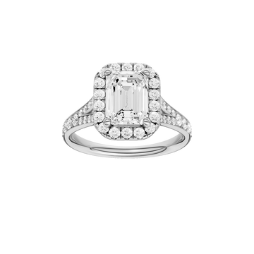 A front view of the Emerald cut diamond engagement ring in 14k white gold with a diamond channel band and split setting