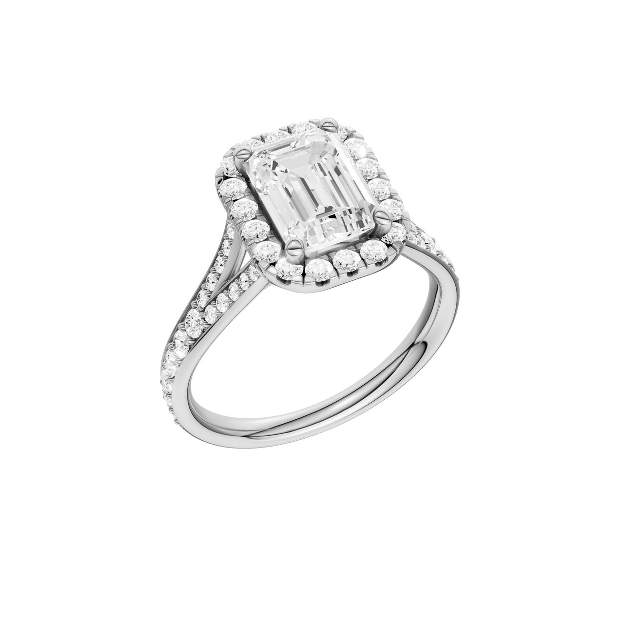 A three-quarter view of the Emerald cut diamond engagement ring in 14k white gold with a diamond channel band and split setting