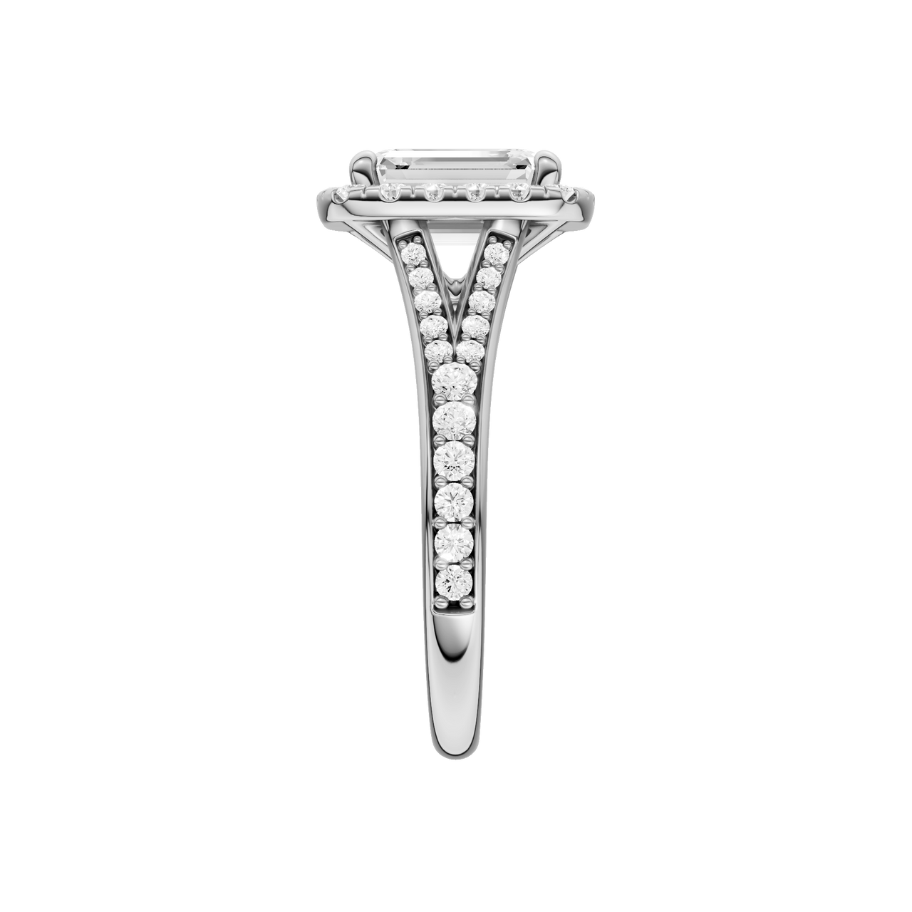 A side view of the Emerald cut diamond engagement ring in platinum with a diamond channel band and split setting