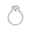 A profile view of the Emerald cut diamond engagement ring in 14k white gold with a diamond channel band and split setting