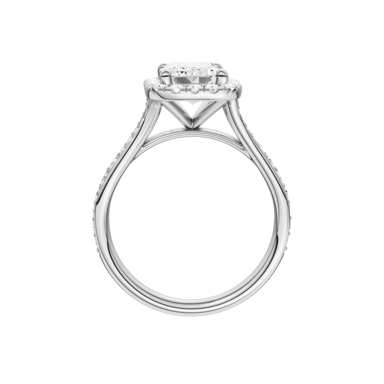A profile view of the Emerald cut diamond engagement ring in 14k white gold with a diamond channel band and split setting