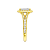 A side view of the Emerald cut diamond engagement ring in 14k yellow gold with a diamond channel band and split setting