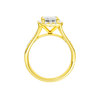 A profile view of the Emerald cut diamond engagement ring in 14k yellow gold with a diamond channel band and split setting