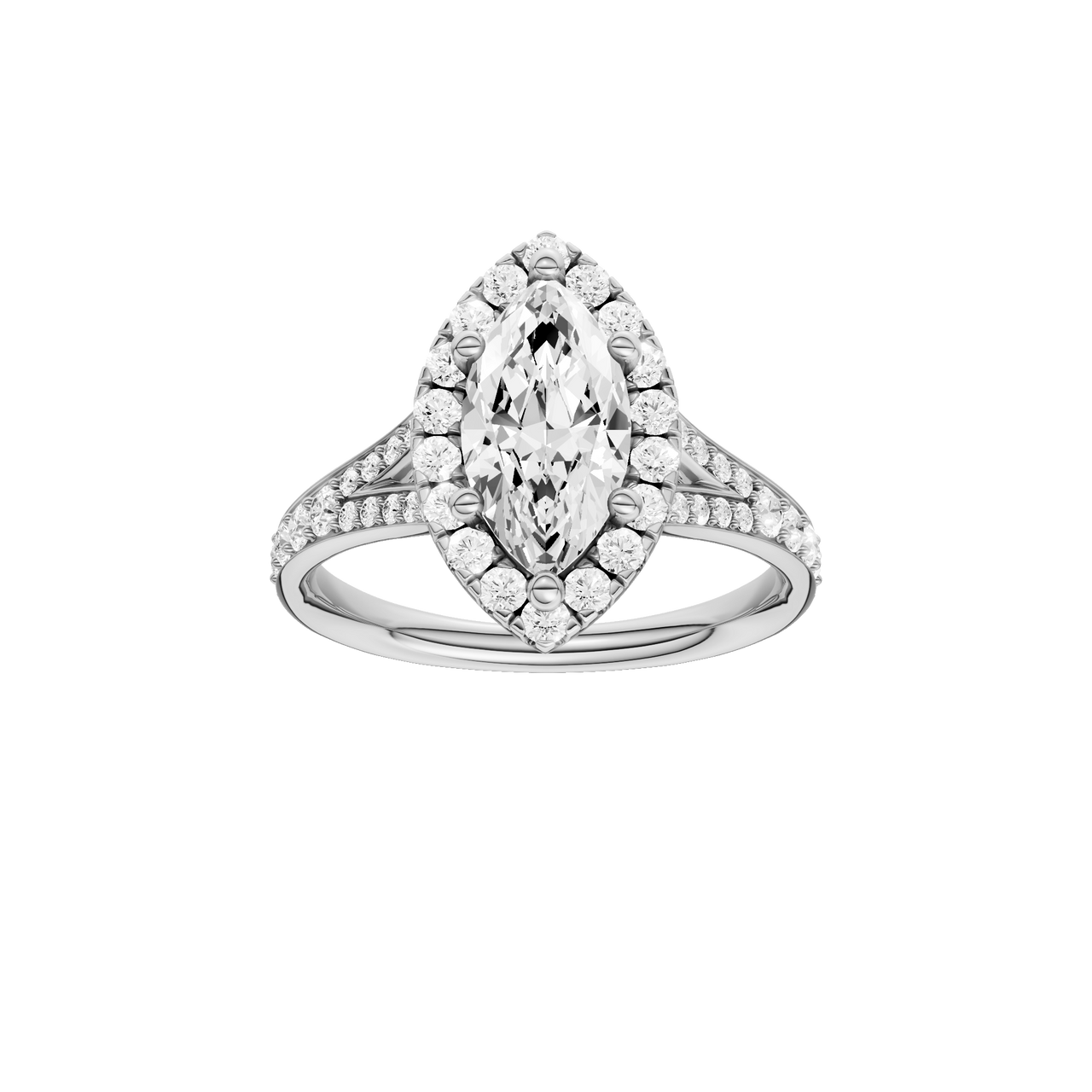 A front view of the Marquise cut diamond engagement ring in platinum with a channel band and solitaire setting