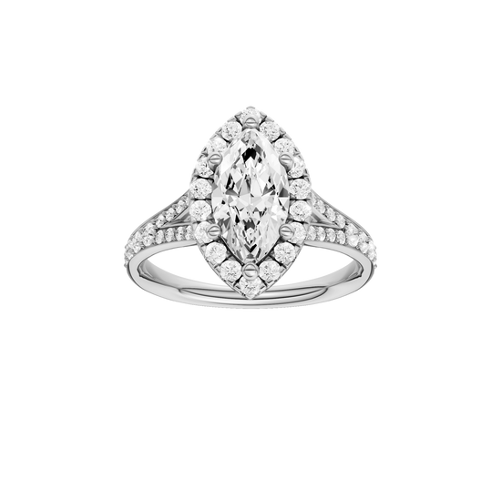 A front view of the Marquise cut diamond engagement ring in 14k white gold with a channel band and solitaire setting