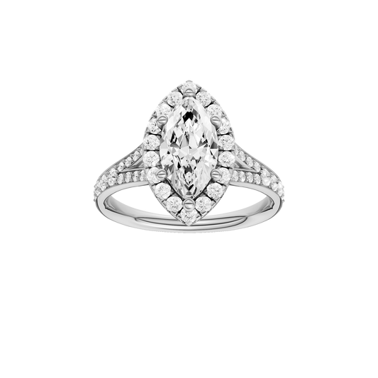 A front view of the Marquise cut diamond engagement ring in 14k white gold with a channel band and solitaire setting