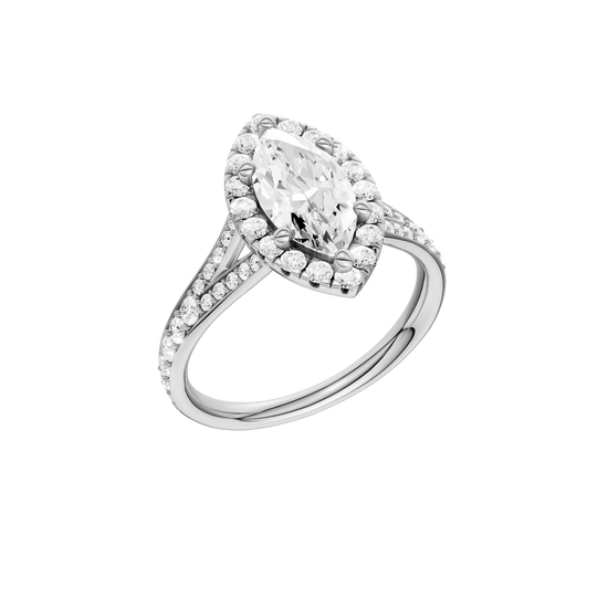 A three-quarter view of the Marquise cut diamond engagement ring in 14k white gold with a channel band and solitaire setting