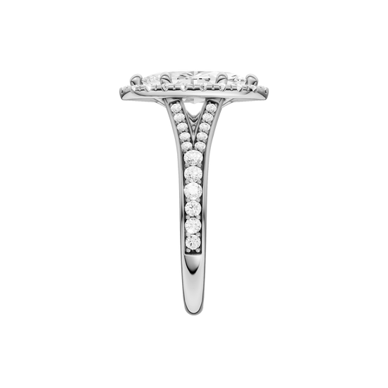 A side view of the Marquise cut diamond engagement ring in platinum with a channel band and solitaire setting