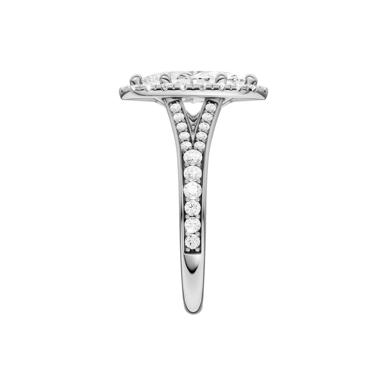 A side view of the Marquise cut diamond engagement ring in 14k white gold with a channel band and solitaire setting