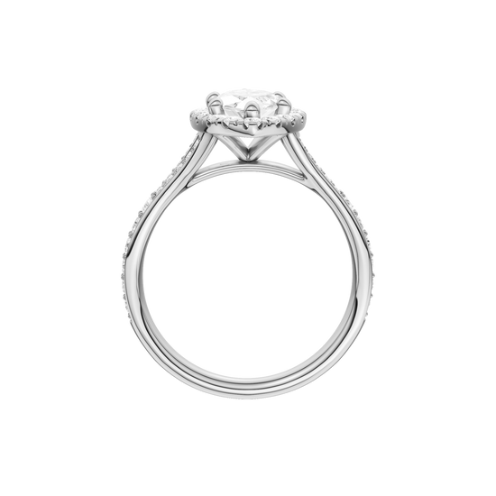 A profile view of the Marquise cut diamond engagement ring in 14k white gold with a channel band and solitaire setting