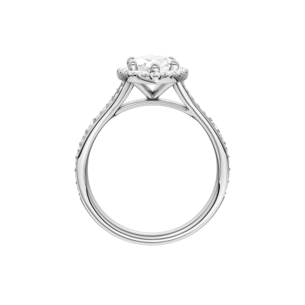 A profile view of the Marquise cut diamond engagement ring in 14k white gold with a channel band and solitaire setting