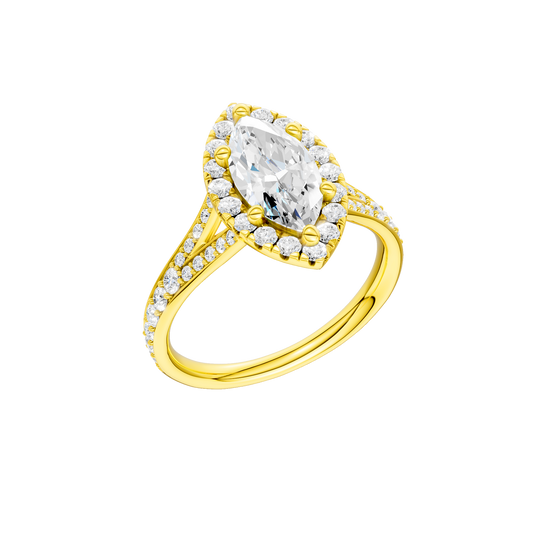 A three-quarter view of the Marquise cut diamond engagement ring in 14k yellow gold with a channel band and solitaire setting