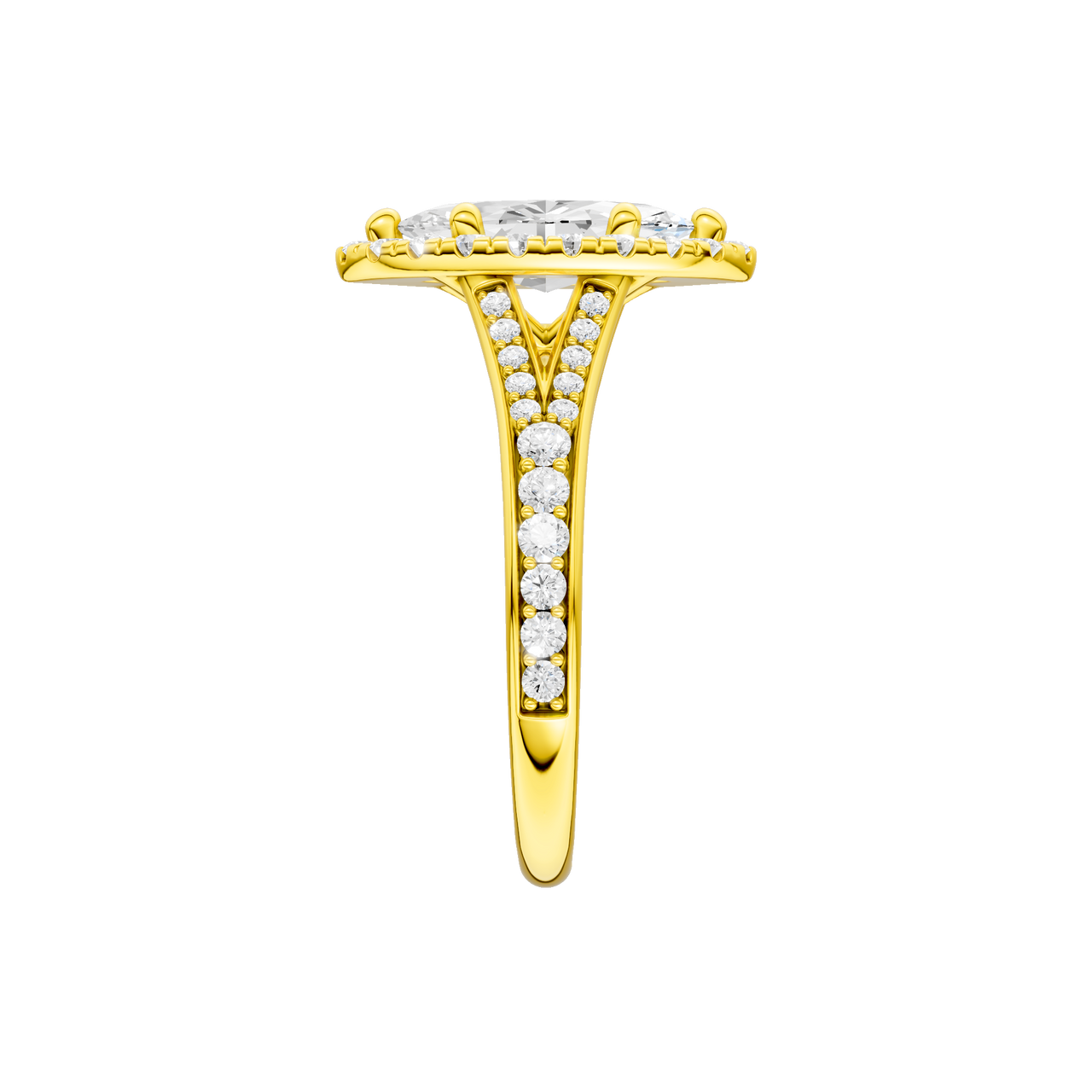 A side view of the Marquise cut diamond engagement ring in 14k yellow gold with a channel band and solitaire setting