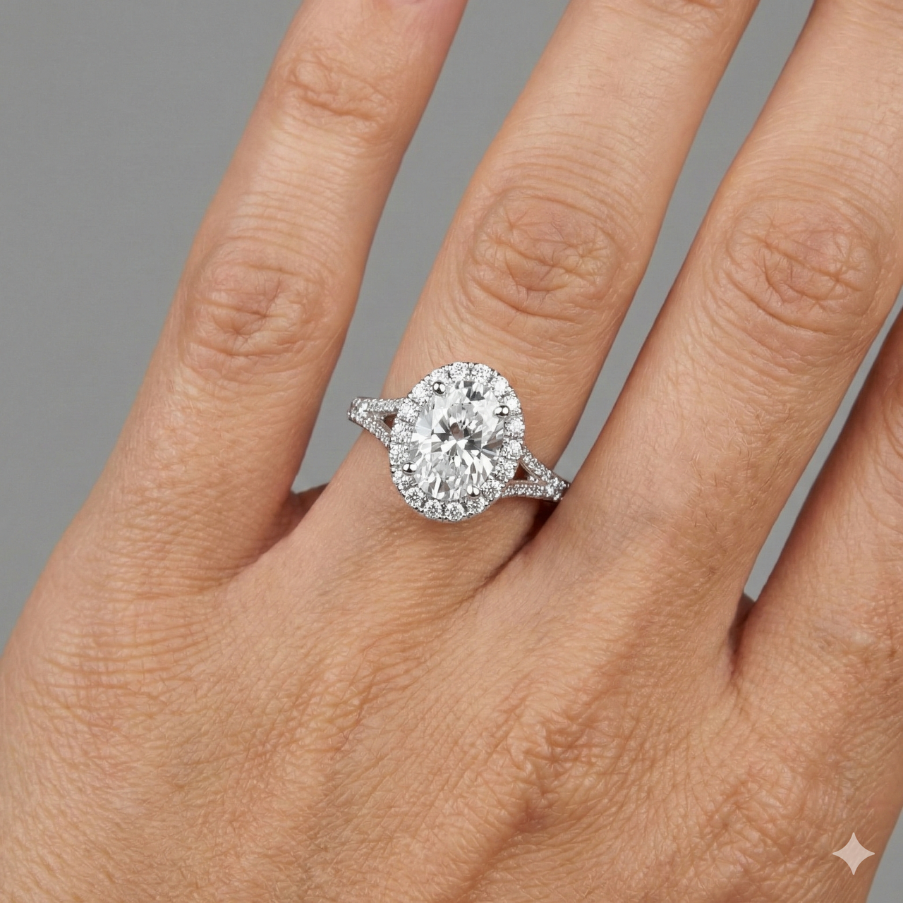 Oval cut diamond engagement ring in 14k white gold with a diamond channel band and split setting on a hand