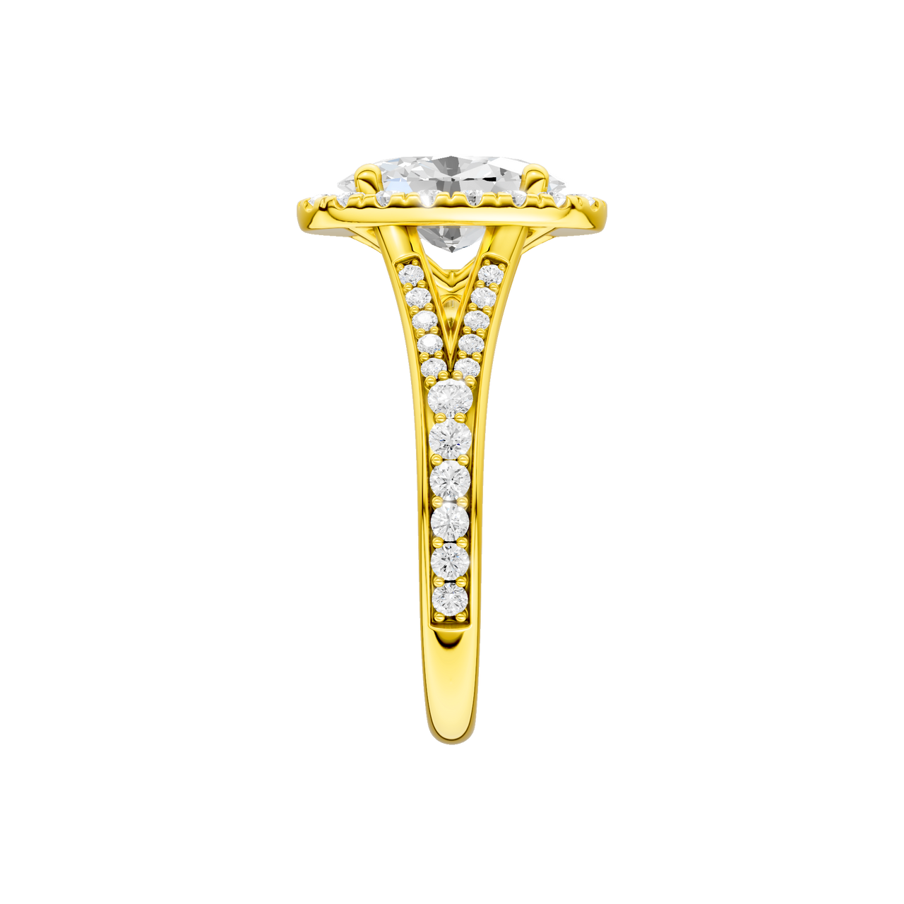 A side view of the Round cut diamond engagement ring in 14k yellow gold with a plain band and solitaire setting