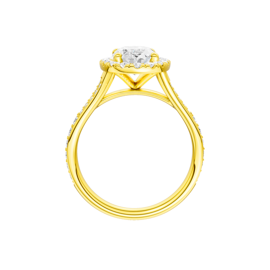 A profile view of the Round cut diamond engagement ring in 14k yellow gold with a plain band and solitaire setting