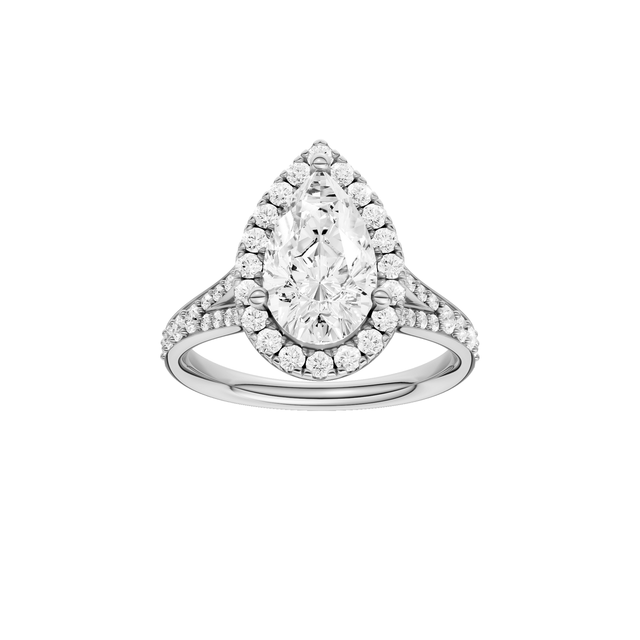 A front view of the Pear cut diamond engagement ring in platinum with a diamond channel band and split setting