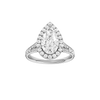 A front view of the Pear cut diamond engagement ring in 14k white gold with a diamond channel band and split setting