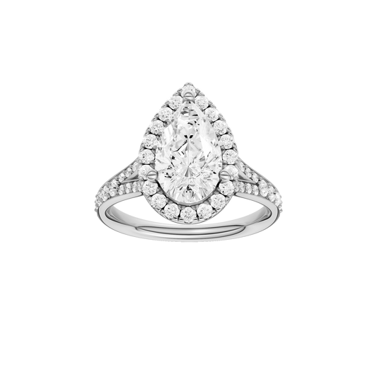 A front view of the Pear cut diamond engagement ring in 14k white gold with a diamond channel band and split setting