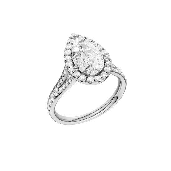 A three-quarter view of the Pear cut diamond engagement ring in 14k white gold with a diamond channel band and split setting