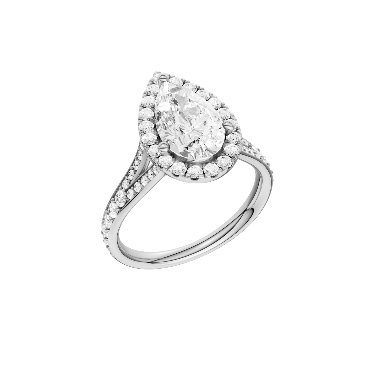 A three-quarter view of the Pear cut diamond engagement ring in platinum with a diamond channel band and split setting