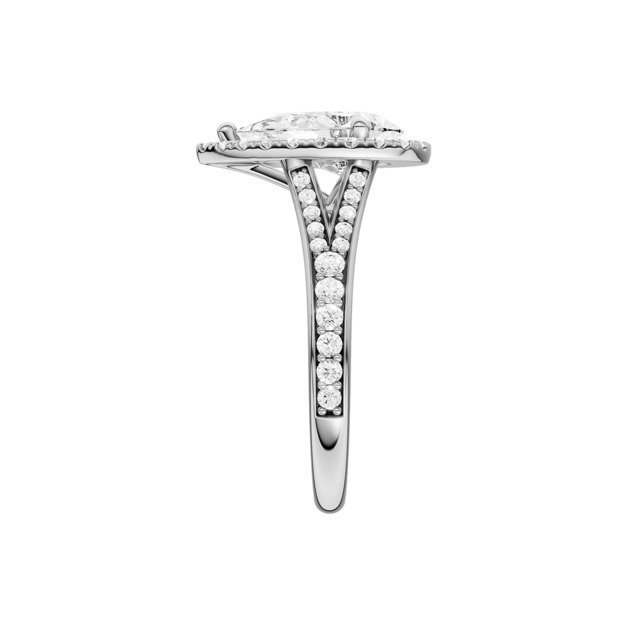 A side view of the Pear cut diamond engagement ring in platinum with a diamond channel band and split setting
